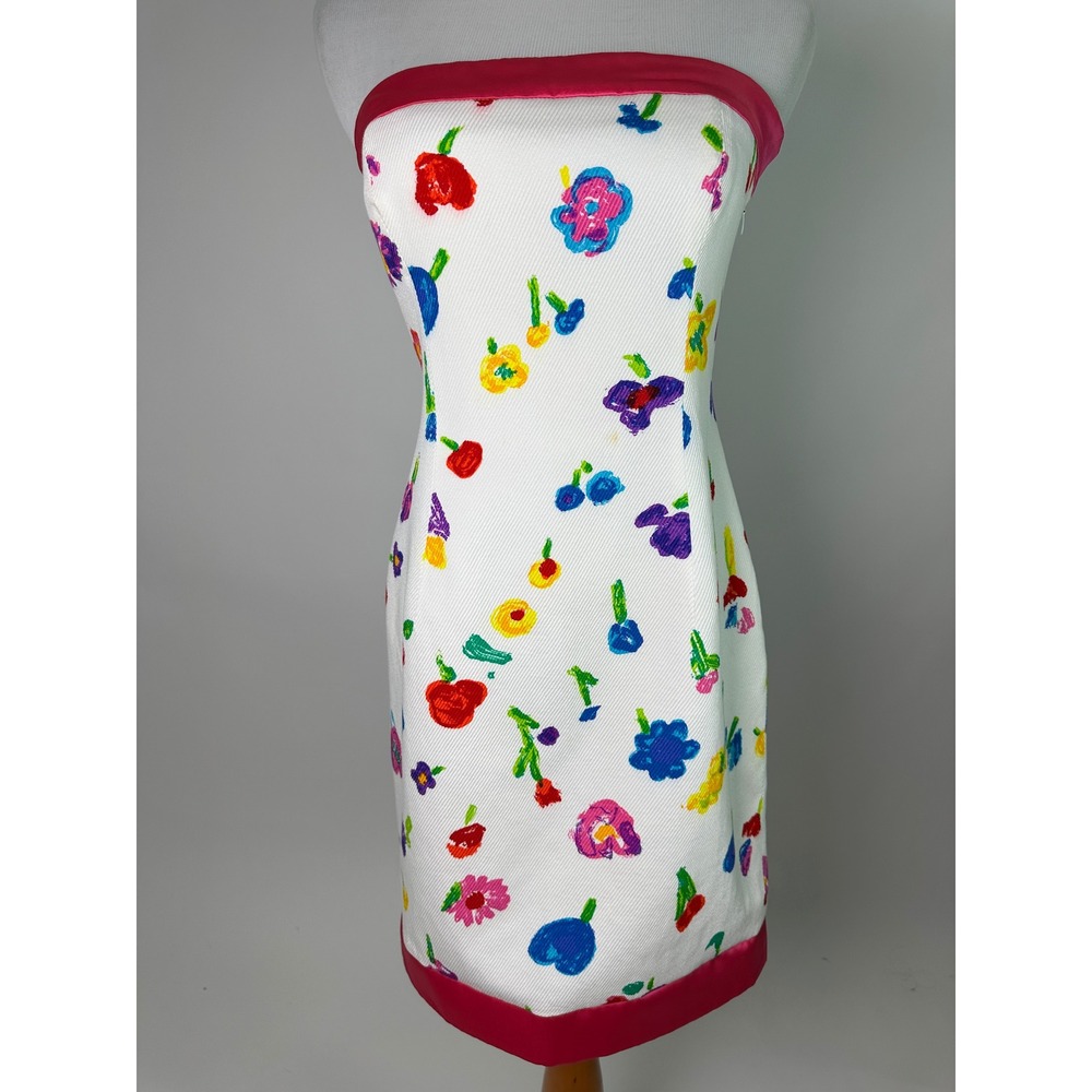 Vintage Y2K David Meister Strapless Pique Cotton Floral Sheath Dress Novelty XS